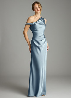 Azazie Emerson Vestidos de damas de honor Vestido Azul Polvoriento de Satén Elástico de Corte Sirena con Hombros descubiertos image5