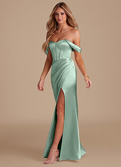 Azazie Asha Bridesmaid Dresses Agave Sheath Off the Shoulder Metallic Satin Dress image3