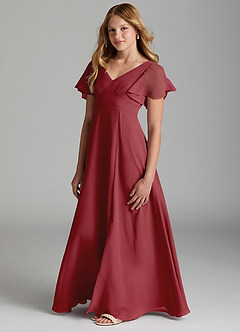Azazie Kimber Junior Pomegranate A-Line Pleated Chiffon Dress image5