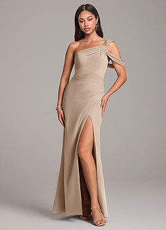 Azazie Wynter Bridesmaid Dresses Taupe Sheath Off the Shoulder Chiffon Dress image1