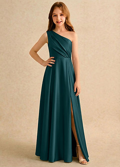 Azazie Puddles Girls Formal Robe Demoiselle D'honneur Fillette Robe Trapèze en Satin extensible Une épaule Vert Pin image1
