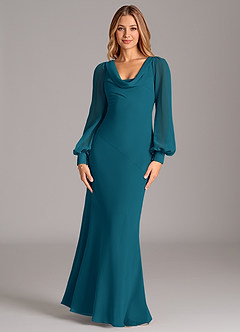 Azazie Jaxine Bridesmaid Dresses Ink Blue Mermaid Long Sleeve Chiffon Dress image5