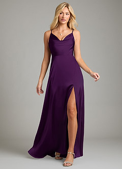 Azazie Sarella Bridesmaid Dresses Grape A-Line Pleated Stretch Satin Dress image6