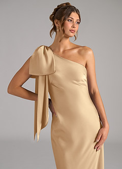 Azazie Capri Bridesmaid Dresses Champagne Mermaid One Shoulder Stretch Satin Dress image5