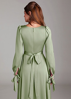 Azazie Leonia Bridesmaid Dresses Dusty Sage A-Line Long Sleeve Stretch Satin Dress image7