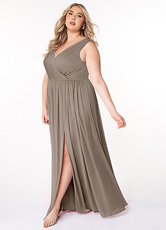 Azazie Tanicia Bridesmaid Dresses Taupe A-Line V-Neck Pleated Mesh Dress image7
