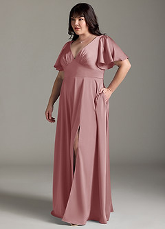 Azazie Kimber Robes de demoiselle d'honneur Robe Trapèze en Satin extensible Rayé Rose Poussiéreuse image10