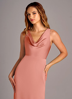Azazie Wrenlee Bridesmaid Dresses Coral A-Line Stretch Satin Dress image2