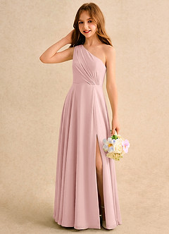 Azazie Puddles Girls Formal Flower Girl Dresses Powder Pink A-Line One Shoulder Chiffon Dress image3
