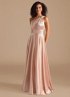 Azazie Charlize Bridesmaid Dresses English Rose A-Line One Shoulder Metallic Satin Dress image1