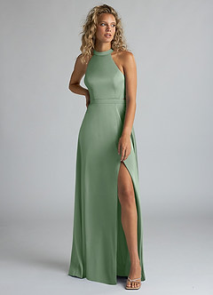 Azazie Clarice Robes de demoiselle d'honneur Robe Trapèze en Satin extensible Col Haut Matcha image5