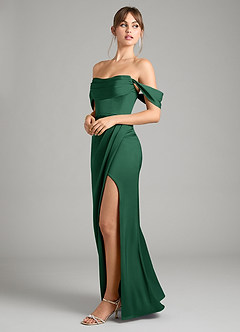 Azazie Johana Bridesmaid Dresses Dark Green Mermaid Off the Shoulder Stretch Satin Convertible Dress image7