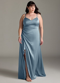 Azazie Marchella Bridesmaid Dresses Dusty Blue A-Line Corset Stretch Satin Dress image7