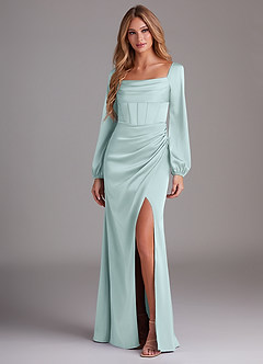 Azazie Charissa Bridesmaid Dresses Sea Glass Sheath Long Sleeve Stretch Satin Dress image4