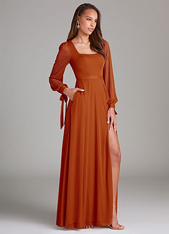 Azazie Leonia Brautjungfernkleider A-Linie Langarm Gittergewebe Kleid Paprika image3