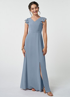 Azazie Claudine Junior Robe Trapèze en Mousseline de soie Plissée Bleu Poussiéreux image1