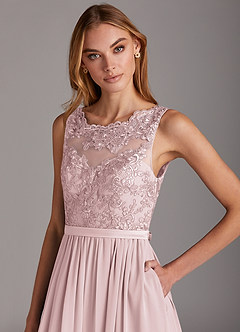 Azazie Elly Vestidos de damas de honor Vestido de Rosa Rubor de Gasa de Corte en A con Escote redondo de encaje image6