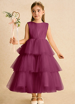 Azazie Marshmallow Blumenmädchenkleider Ballkleid Schleifen Tüll Kleid Maulbeerrot image6