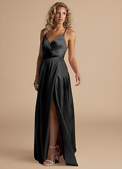 Azazie Davis Bridesmaid Dresses Black A-Line Pleated Metallic Satin Dress image5