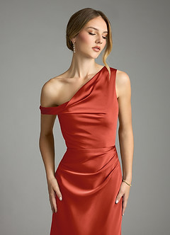 Azazie Emerson Bridesmaid Dresses Rust Mermaid Off the Shoulder Stretch Satin Dress image2