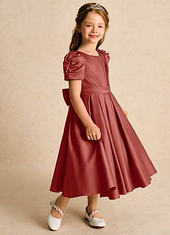 Azazie Miriam Flower Girl Dresses Terracotta Ball-Gown Pleated Matte Satin Dress image6