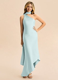 Azazie Briony Junior Vestido Névoa de Cetim elástico de Bainha com Plissado image3