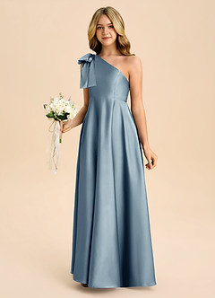 Azazie Penguin Junior Dusty Blue A-Line Bow Stretch Satin Dress image5