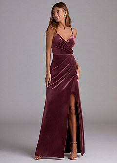Azazie Maci Bridesmaid Dresses Raspberry Sheath Pleated Velvet Dress image1