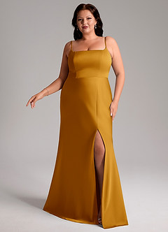 Azazie Lidia Bridesmaid Dresses Butterscotch Mermaid Side Slit Stretch Satin Dress image3