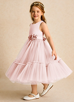 Azazie Miracle Robe Demoiselle D'honneur Fillette Robe Trapèze en Mat Satiné Arc Rose Pâle image3