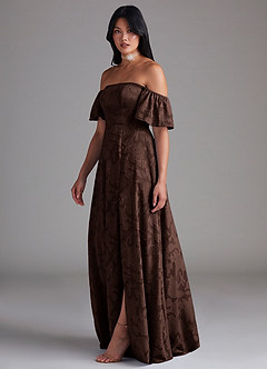 Azazie Sue Vestidos de madrinha de casamento Vestido Ganache de Esgotamento Floral de Linha A com Fora do ombro image4