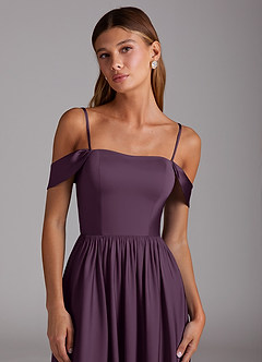 Azazie Calianna Bridesmaid Dresses Plum A-Line Off the Shoulder Stretch Satin Convertible Dress image2