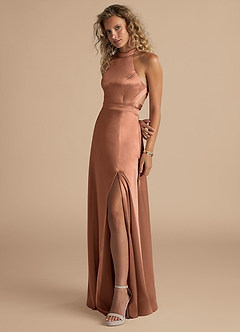 Azazie Clarice Brautjungfernkleider A-Linie Hoher Kragen Metallischer Satin Kleid Bronzer image5