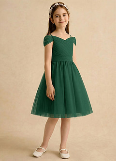 Azazie Lila Girls Formal Robe Demoiselle D'honneur Fillette Robe Trapèze en Tulle Épaule décolletée Vert Foncé image5