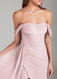 Azazie Amyra Bridesmaid Dresses Blushing Pink Sheath Off the Shoulder Chiffon Convertible Dress image5