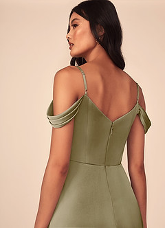 Azazie Ocean Bridesmaid Dresses Moss Green A-Line V-Neck Pleated Stretch Satin Dress image5