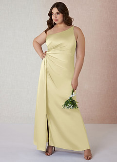 Azazie Mika Final Sale Lemon Sorbet Sheath One Shoulder Stretch Satin Dress image8