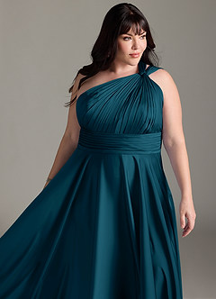 Azazie Charlize Robes de demoiselle d'honneur Robe Trapèze en Satin extensible Asymétrique Bleu Encre image15