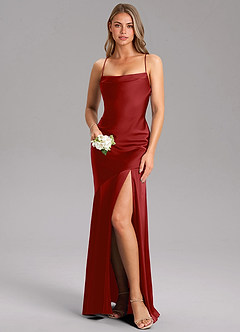 Azazie Grata Bridesmaid Dresses Pomegranate Sheath Side Slit Stretch Satin Dress image1