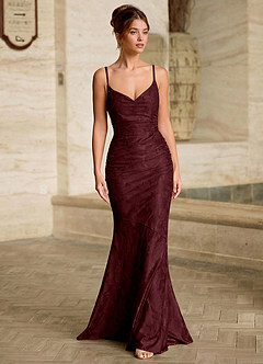 Leahenmo Wine Textured Floral Jacquard Prom Dress image3