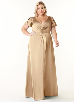 Azazie Soren Bridesmaid Dresses Champagne A-Line Pleated Stretch Satin Dress image8