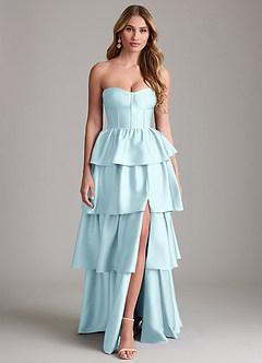 Azazie Faye Robes de demoiselle d'honneur Robe Trapèze en Satin extensible Drapé Bleu Nuage image1