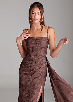 Azazie Denisa Bridesmaid Dresses Espresso Sheath Pleated Floral Burnout Dress image6