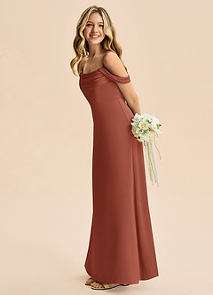 Azazie Lettie Junior Vestido Castanho Aloirado de Cetim elástico de Linha A com Fora do ombro image1