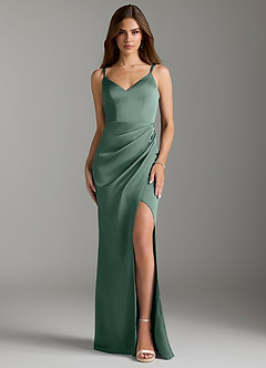 Azazie Leo Bridesmaid Dresses Eucalyptus Sheath Pleated Stretch Satin Dress image1