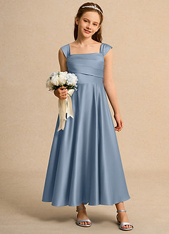 Azazie Bundle Girls Formal Abiti da Ragazza di Fiori Abito A-Line in Raso Opaco Plissettato Blu Polveroso image3