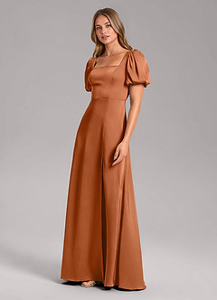 Azazie Fyona Bridesmaid Dresses Copper A-Line Pleated Stretch Satin Dress image4
