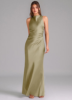 Azazie Evadne Bridesmaid Dresses Moss Green Sheath Pleated Stretch Satin Dress image3