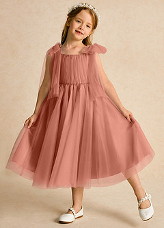 Azazie Dori Robe Demoiselle D'honneur Fillette Robe Trapèze en Tulle Rayé Mai Tai image4