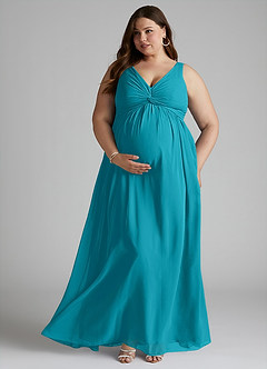 Azazie Yetta Maternity Bridesmaid Dresses A-Line V-Neck Gathered Chiffon Floor-Length Dress image7